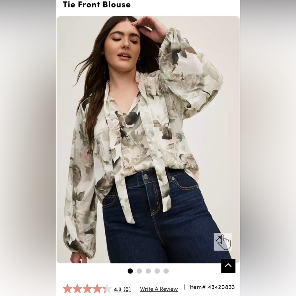 Torrid Cream and Gray Floral tie neck Blouse